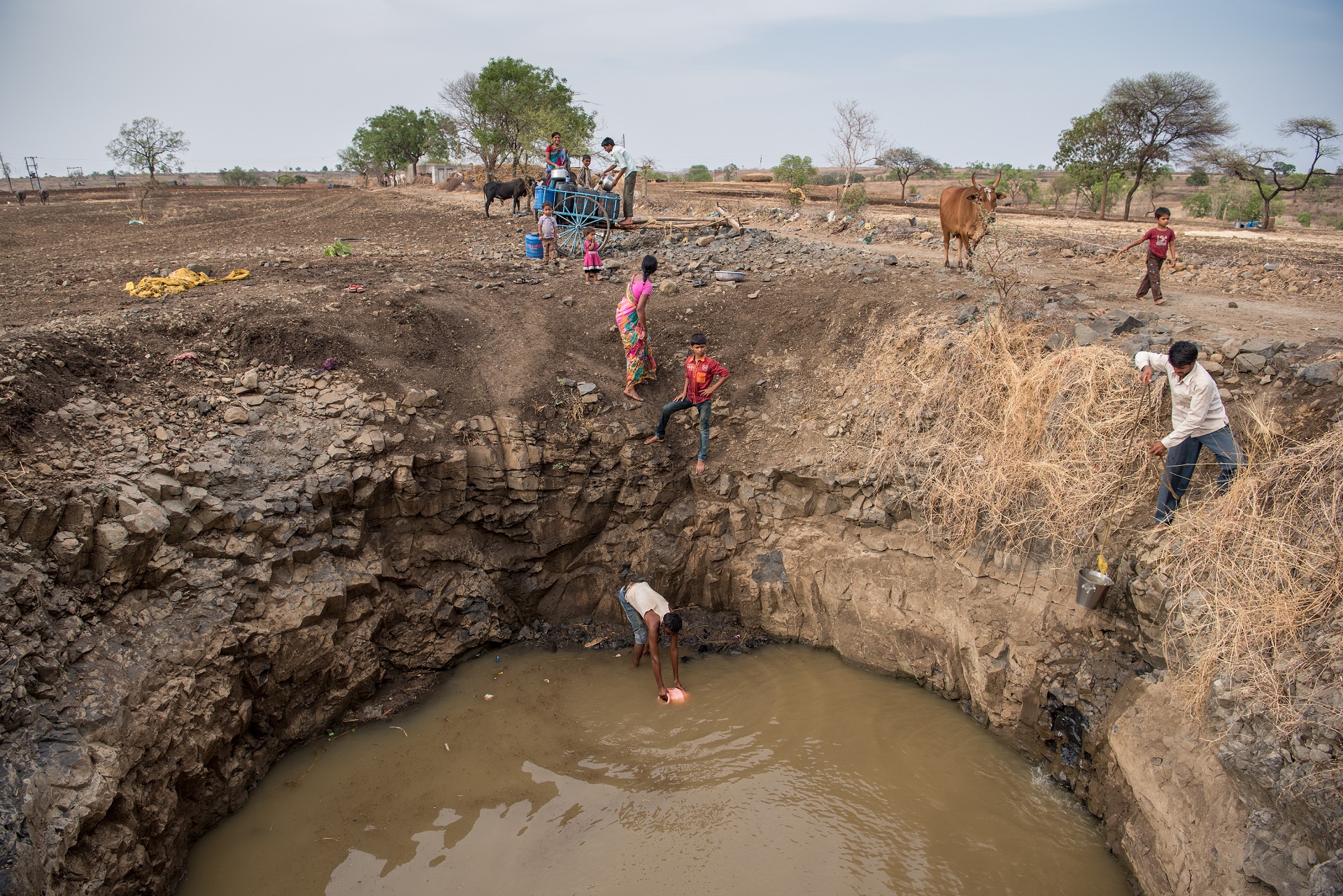 Villagers collect water in India's drought-prone Beed district.